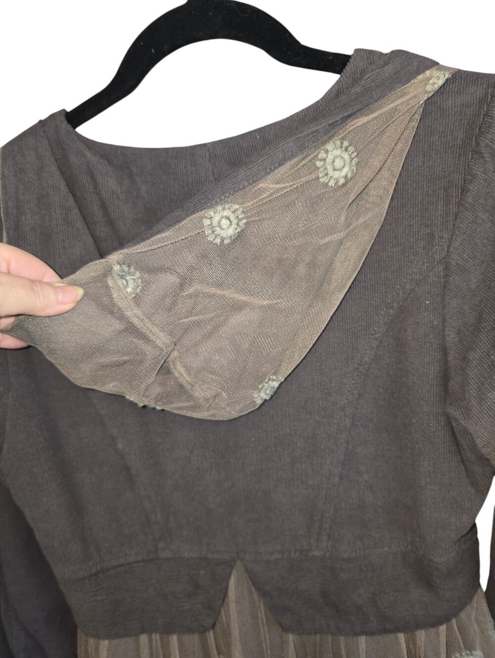 Sacred Threads Grey Corduroy & Embroidered Lace Hooded Jacket Coat - Size Small - Picture 9 of 13